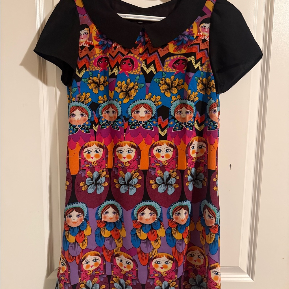 Vibrant Nesting Doll Dress with Black Peter Pan Collar